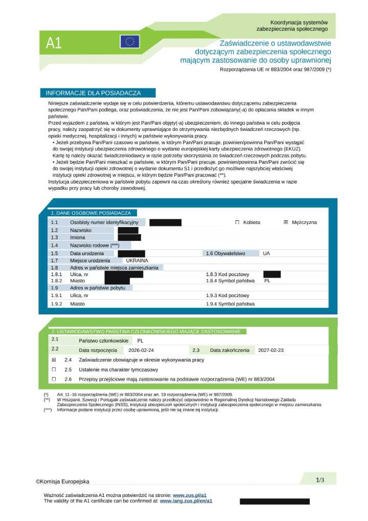 Zaświadczenie A1 — strona 1